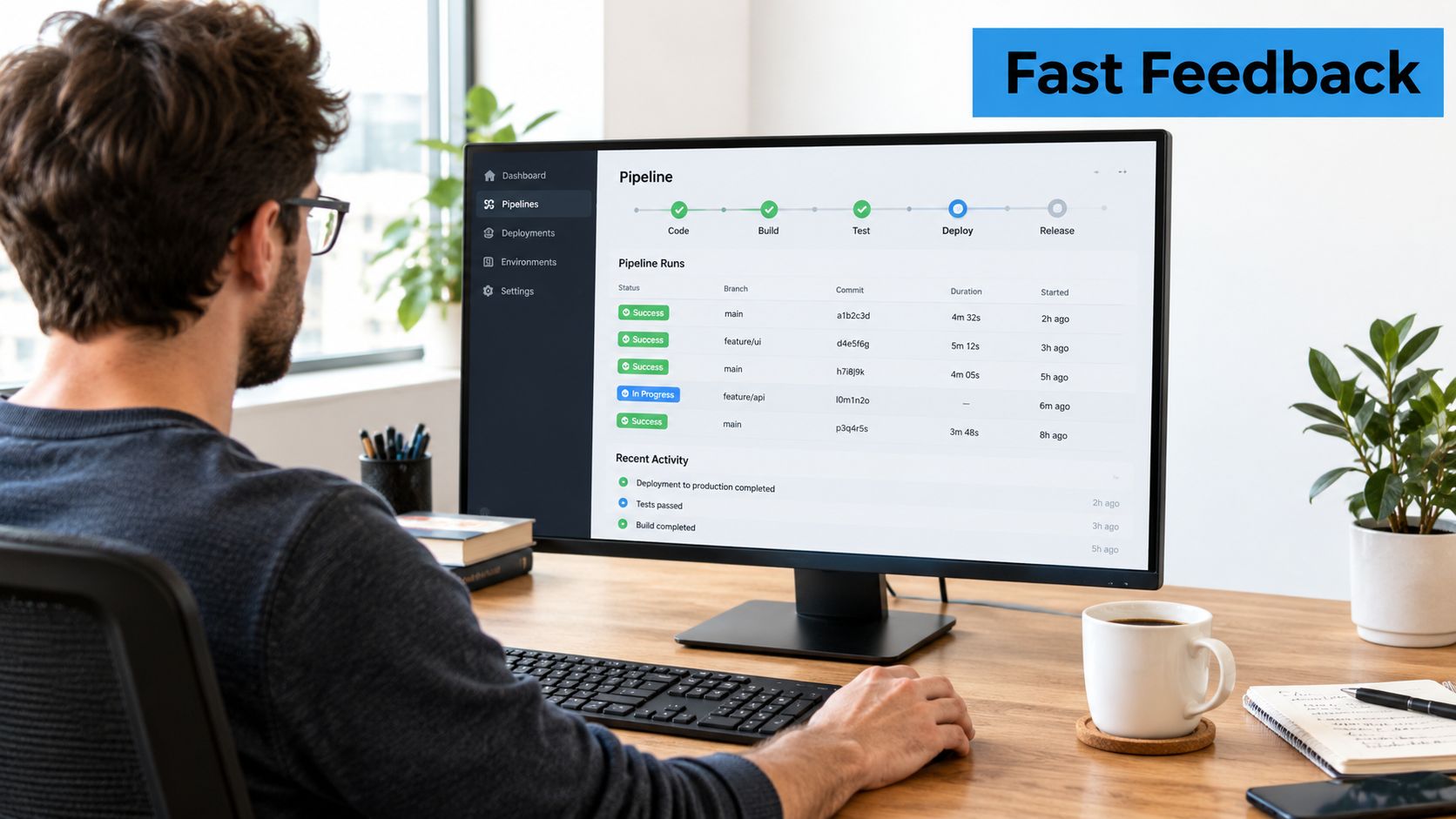 A professional developer sitting at a desk viewing a continuous integration and delivery pipeline on a computer monitor.