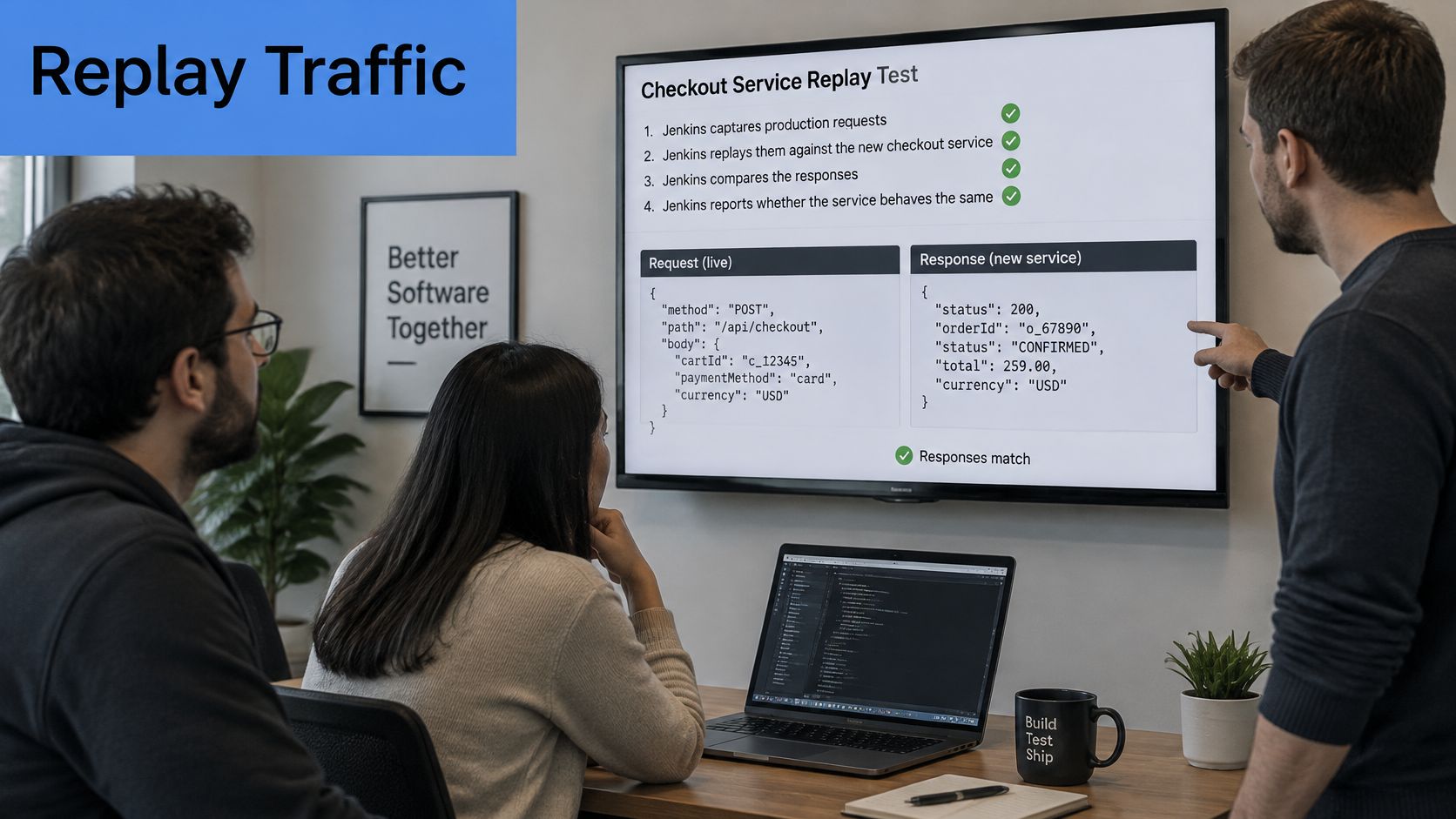 A team of developers discussing a Jenkins automated traffic replay test displayed on a large office screen.