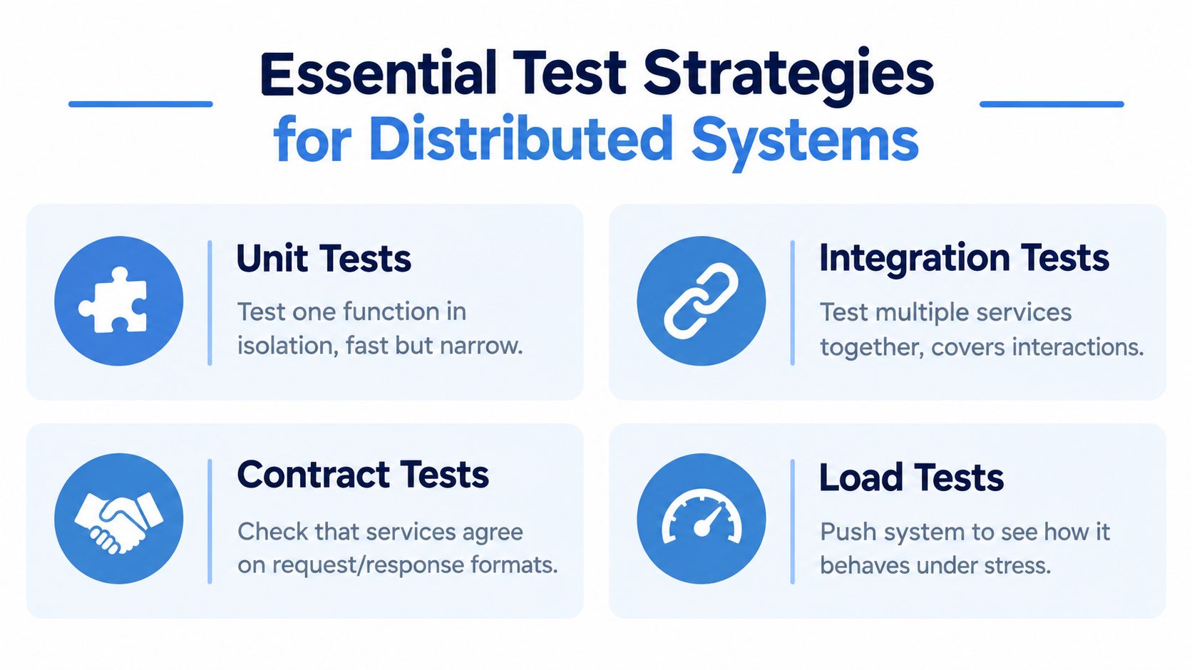 A diagram outlining essential test strategies for distributed systems, including unit, integration, contract, and load testing methods.