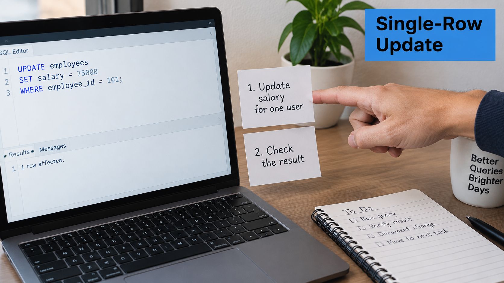 A person updating a single database row using SQL query code shown on a laptop screen.