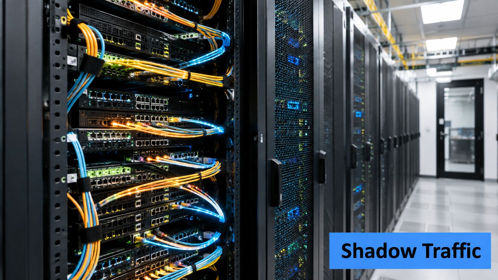 An array of server racks with glowing blue and yellow fiber optic cables in a data center.