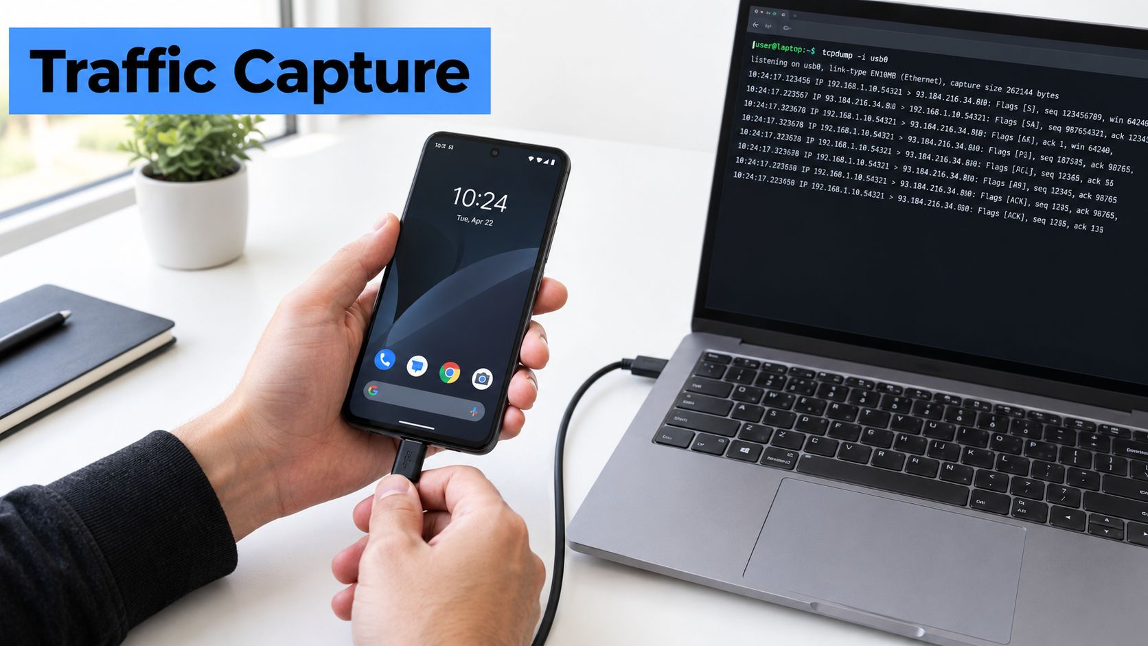 A person connects an Android phone to a laptop to analyze network traffic using terminal commands.