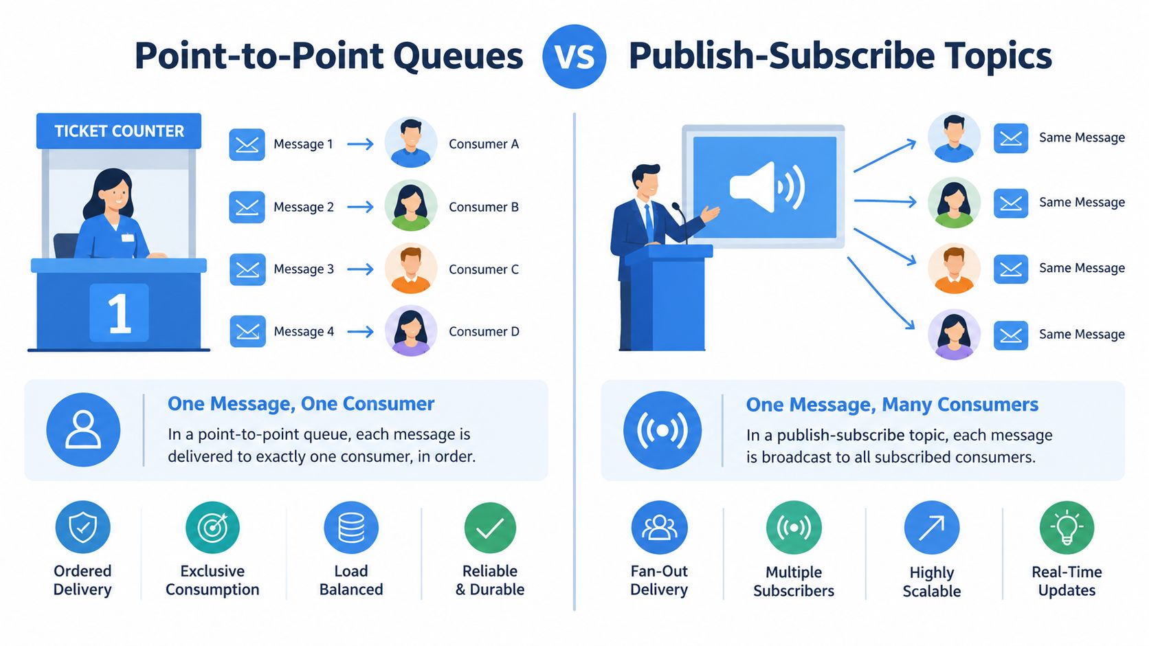 A comparison chart showing point-to-point queues versus publish-subscribe topics in messaging systems with icons and explanations.