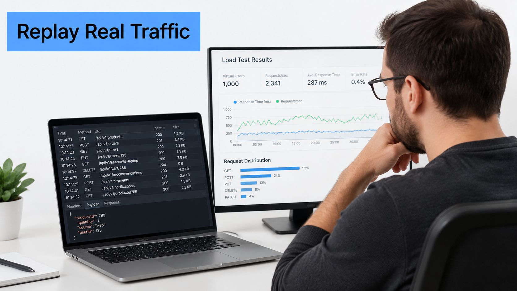 A professional analyzing load test results and API traffic logs on dual computer monitors in an office.