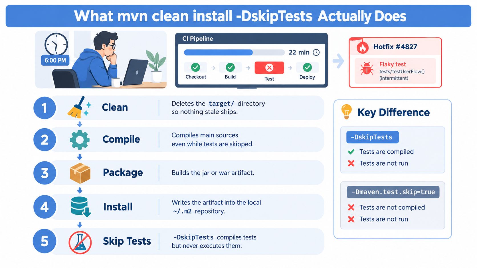 A diagram explaining the Maven clean install -DskipTests command and how it skips test execution in pipelines.