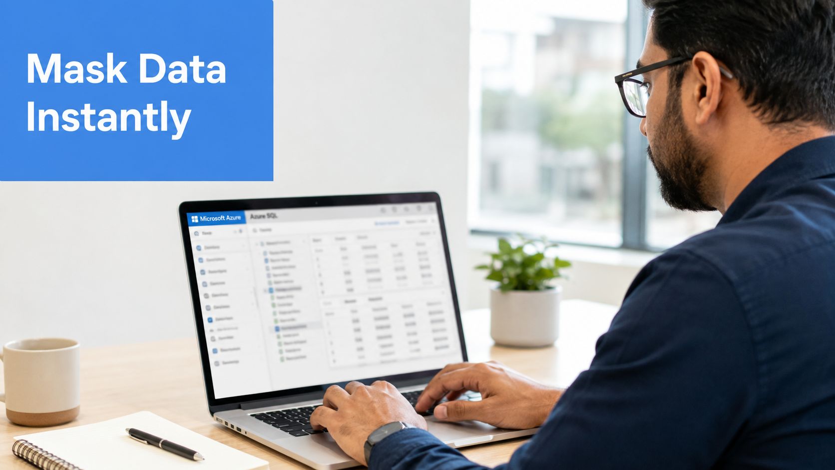 A professional man using a laptop in an office to manage data masking in Microsoft Azure.