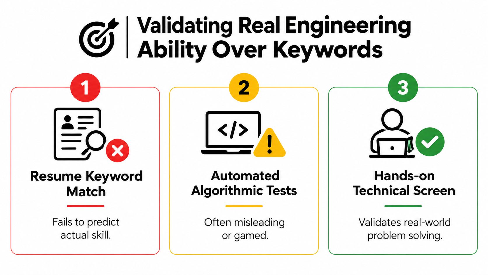 A graphic showing three hiring methods comparing resume matching, algorithmic tests, and hands-on technical screens for engineers.