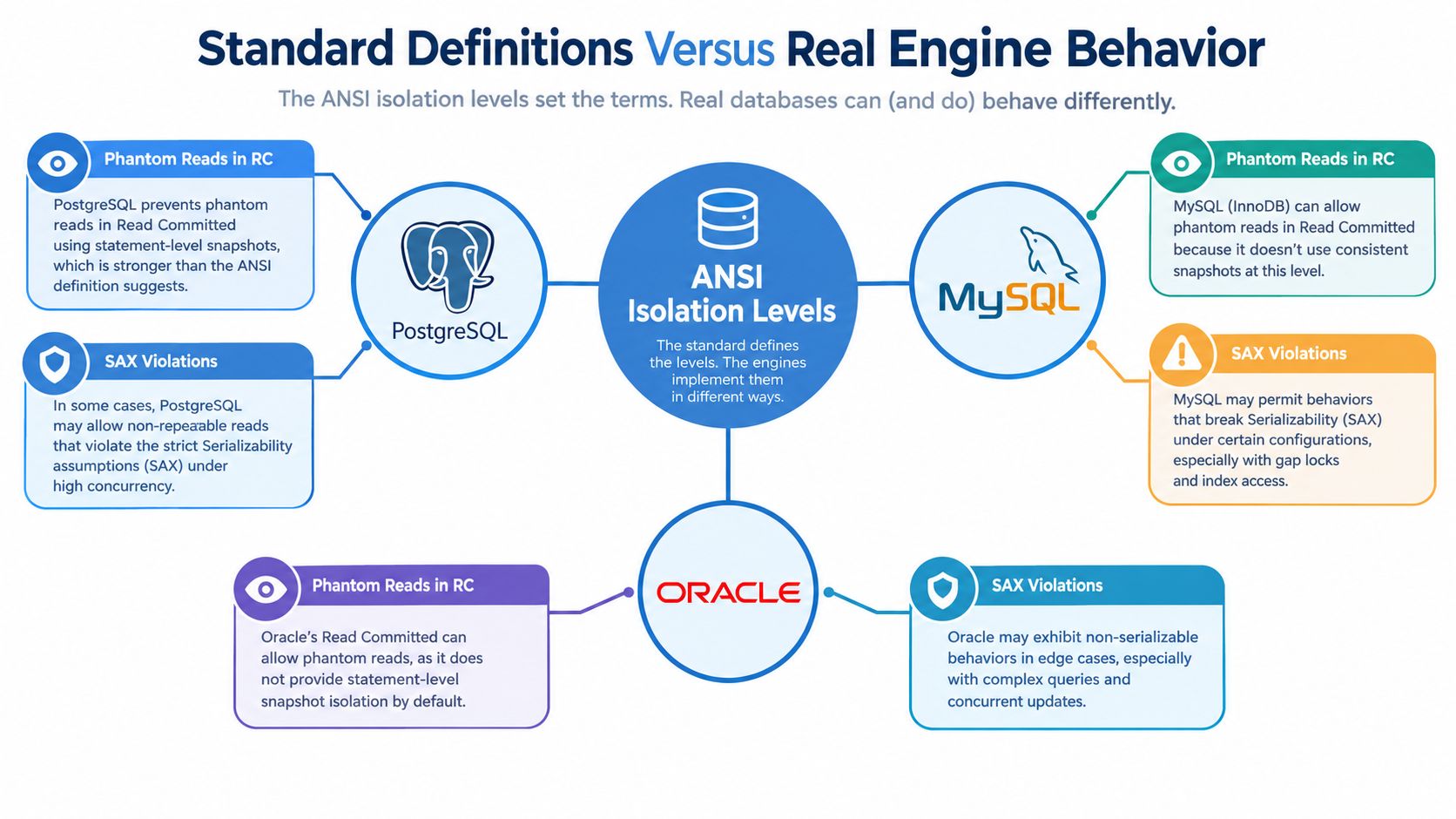 A diagram comparing ANSI isolation levels with the actual behaviors of PostgreSQL, MySQL, and Oracle databases.
