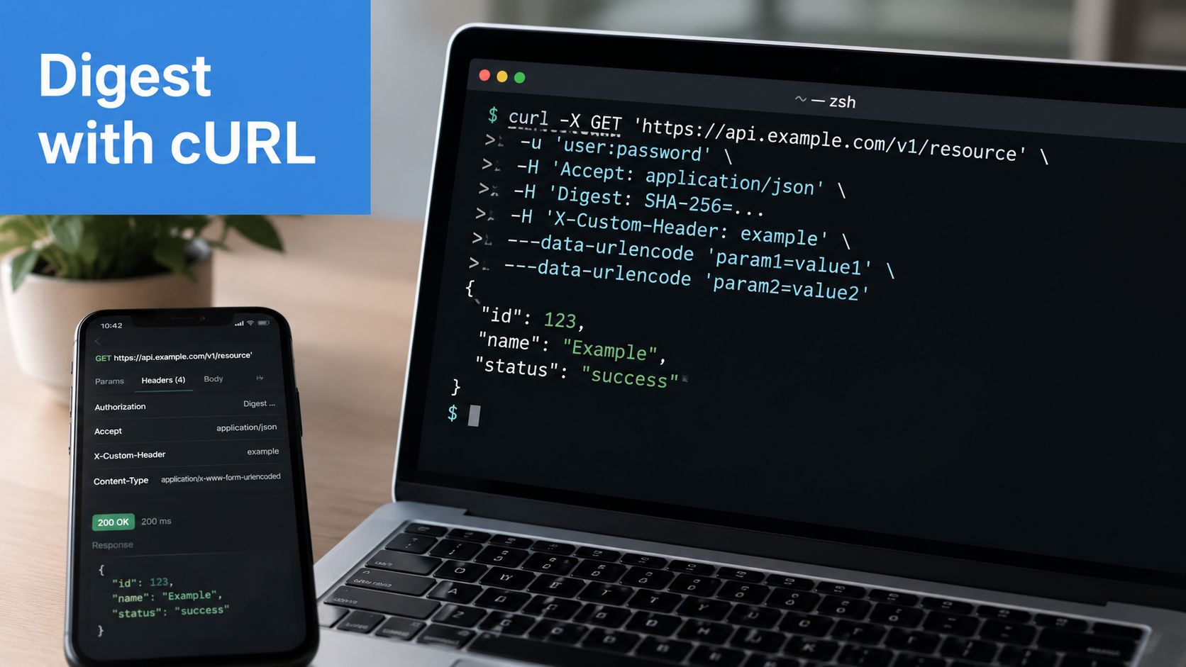 A laptop screen displaying a curl command for digest authentication beside a phone showing an API request.