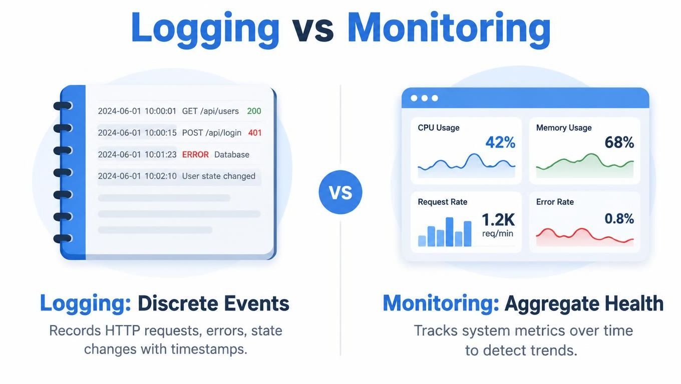 A comparison graphic illustrating the difference between logging discrete events and monitoring aggregate system health metrics.