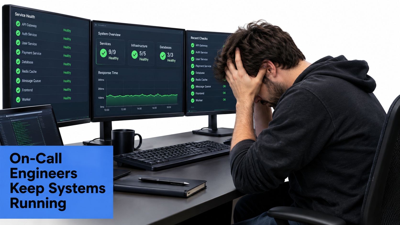 A stressed developer sitting at a desk with multiple monitors showing healthy system monitoring dashboards.