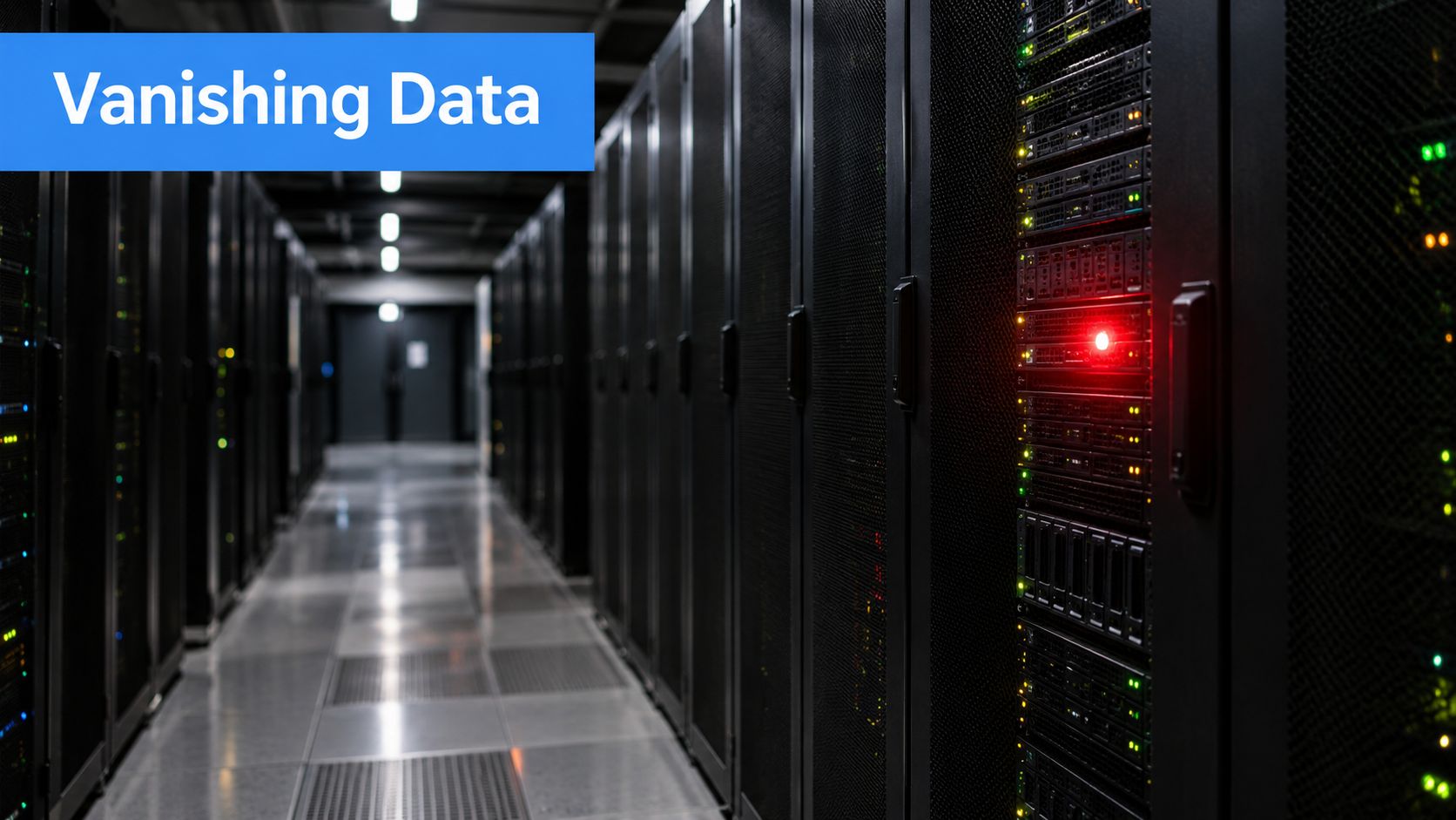 A brightly lit server room corridor featuring rows of server racks with blinking status lights.