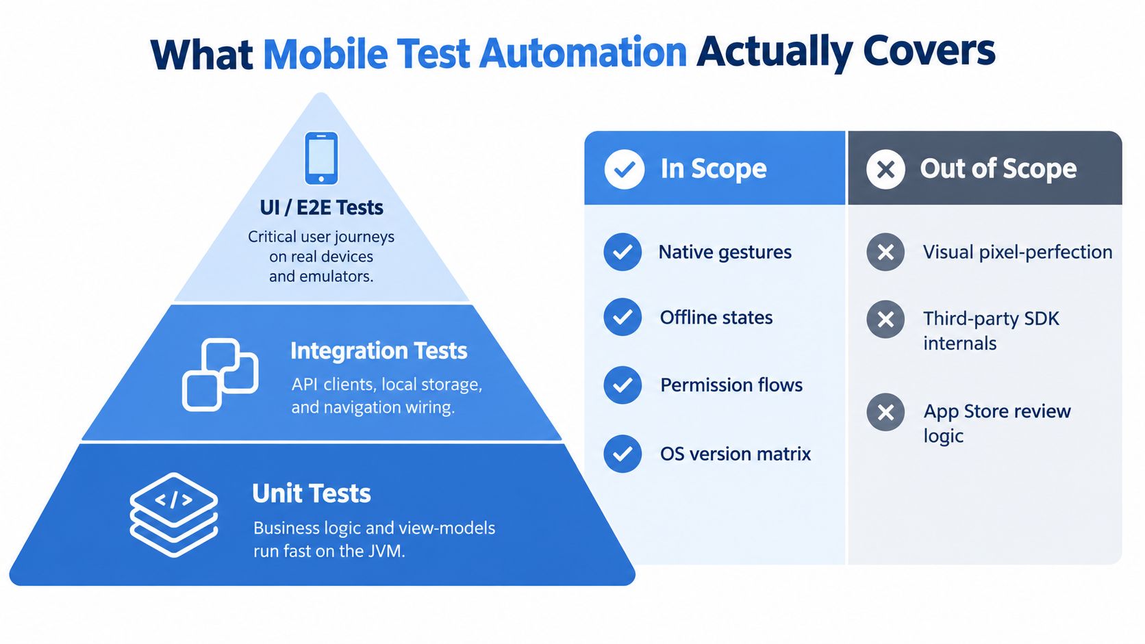 A diagram illustrating the mobile test automation pyramid showing unit, integration, and UI tests with scope checklists.