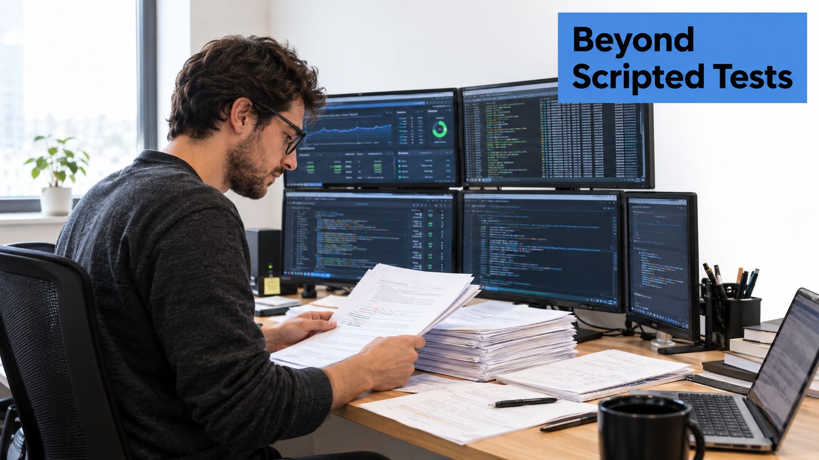 A professional software developer working on data analysis tasks surrounded by multiple monitors and stacks of documents.