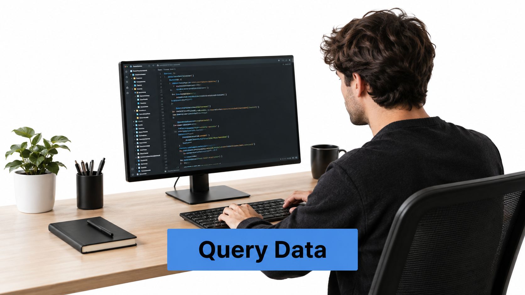A male software developer working on complex database queries on a computer in a clean office.