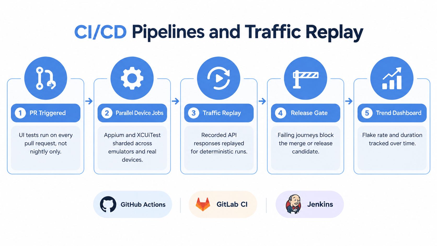 A diagram illustrating a five-step CI/CD pipeline and traffic replay process for mobile test automation.