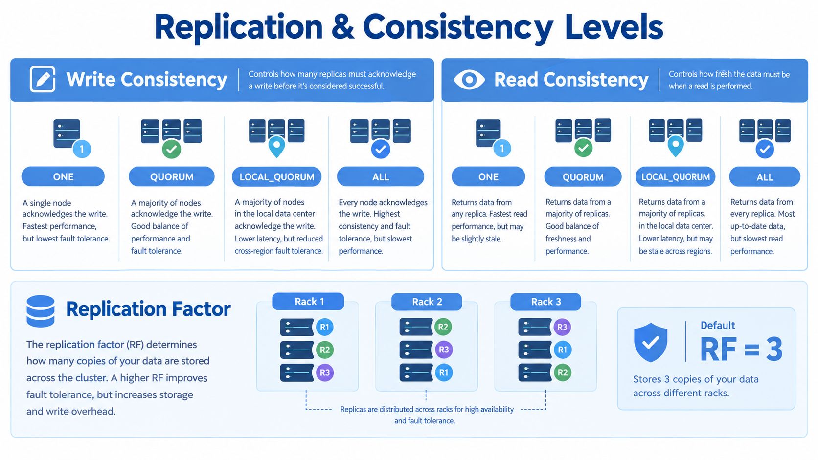 A diagram explaining database replication, write and read consistency levels, and the concept of replication factor in distributed systems.