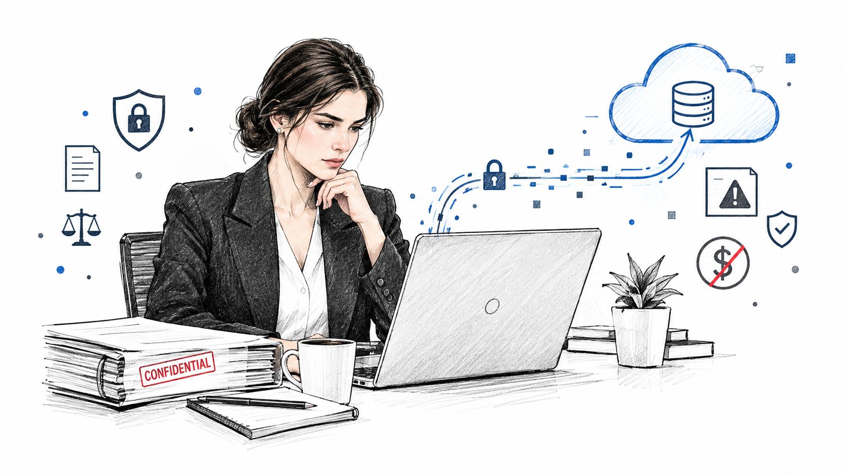 A professional woman working on a laptop with data migrating to the cloud in a secure environment.