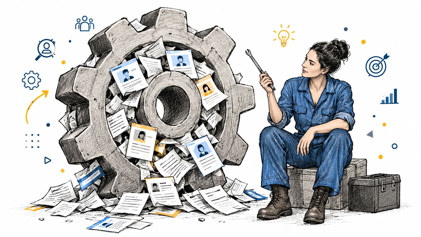 A woman engineer holding a wrench next to a large gear filled with many candidate resume papers.
