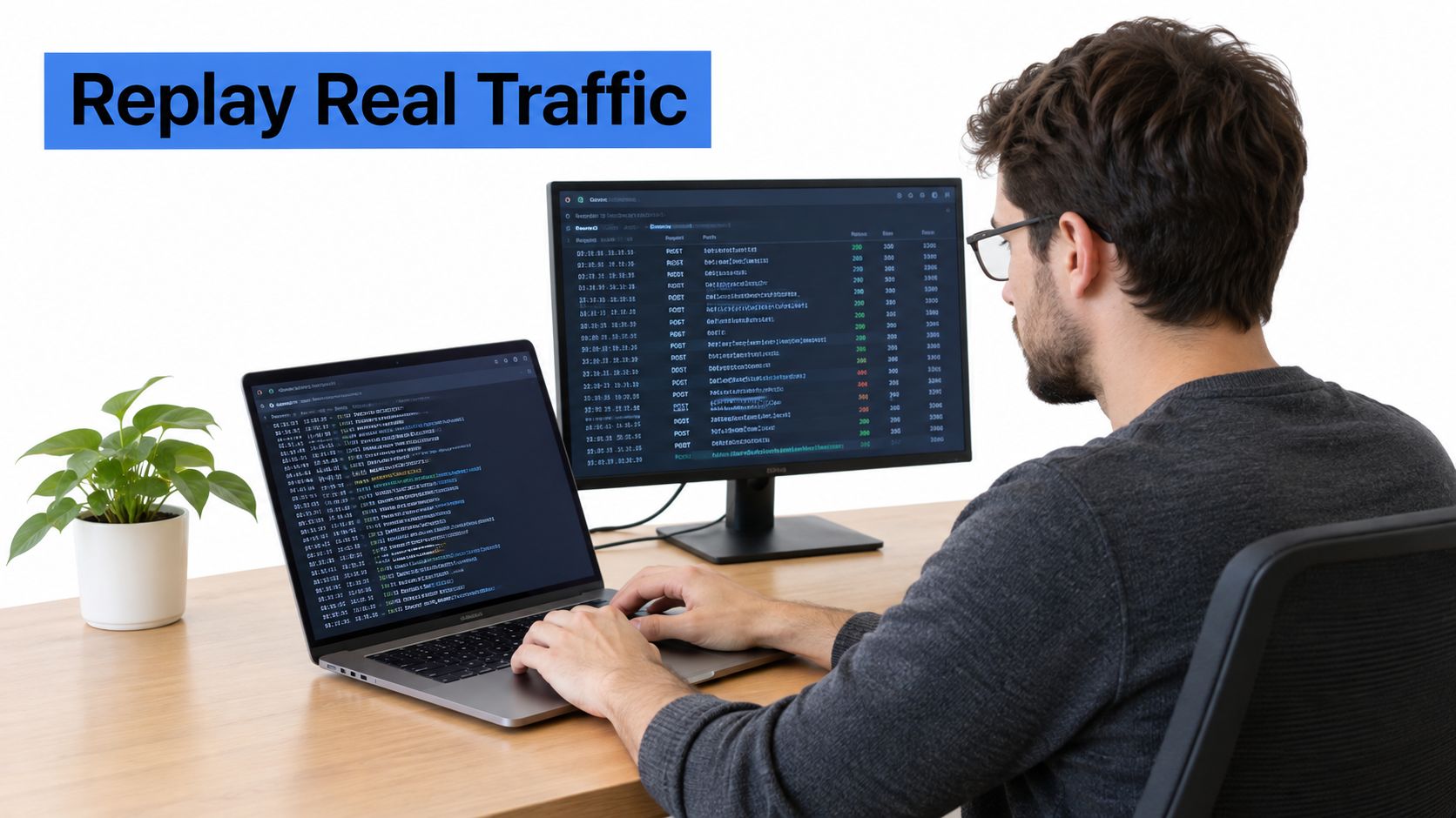 A male software engineer working on code while analyzing real traffic on his computer monitors.