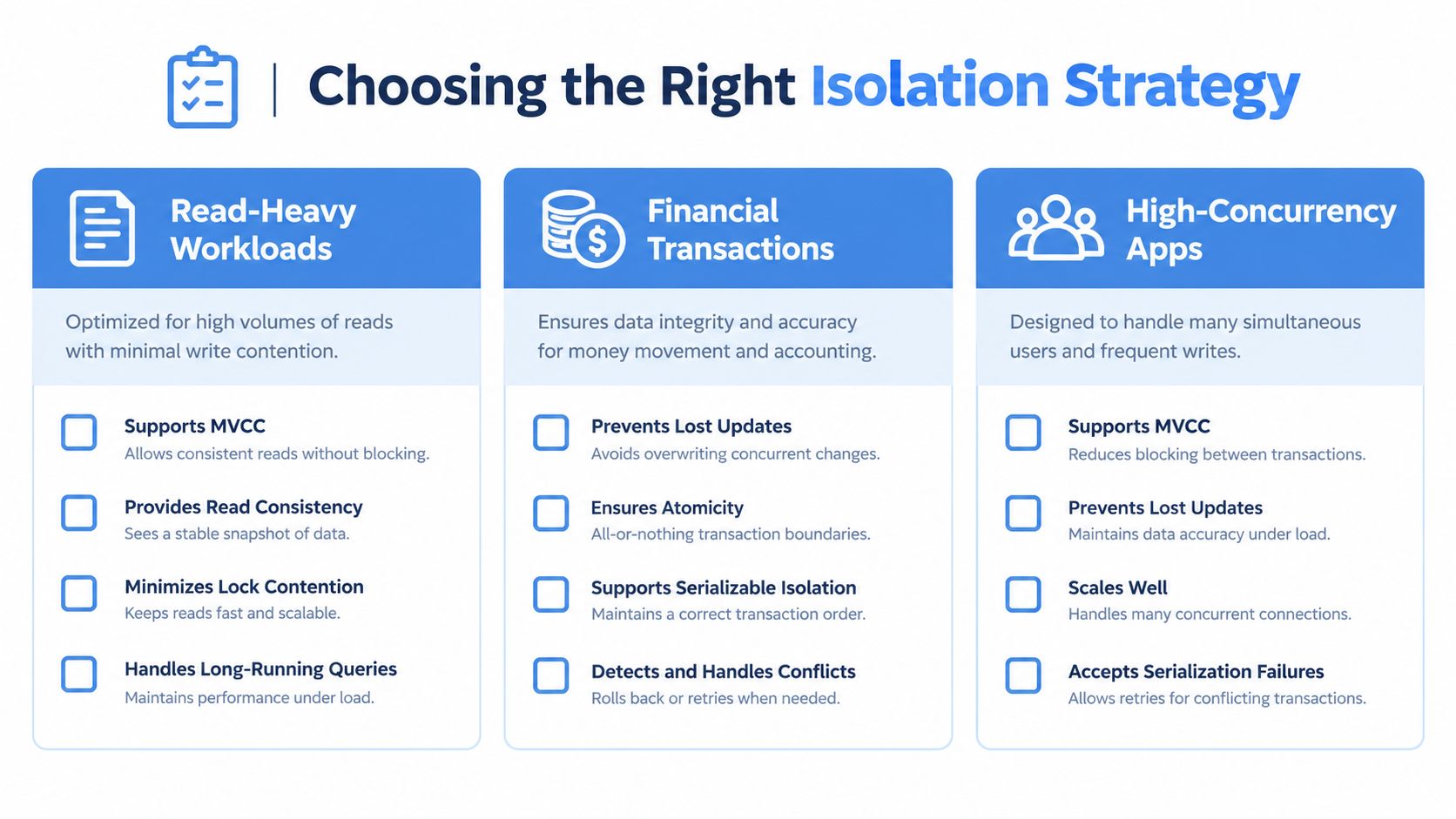 A graphic infographic explaining how to choose the right database isolation strategy for different application workloads.