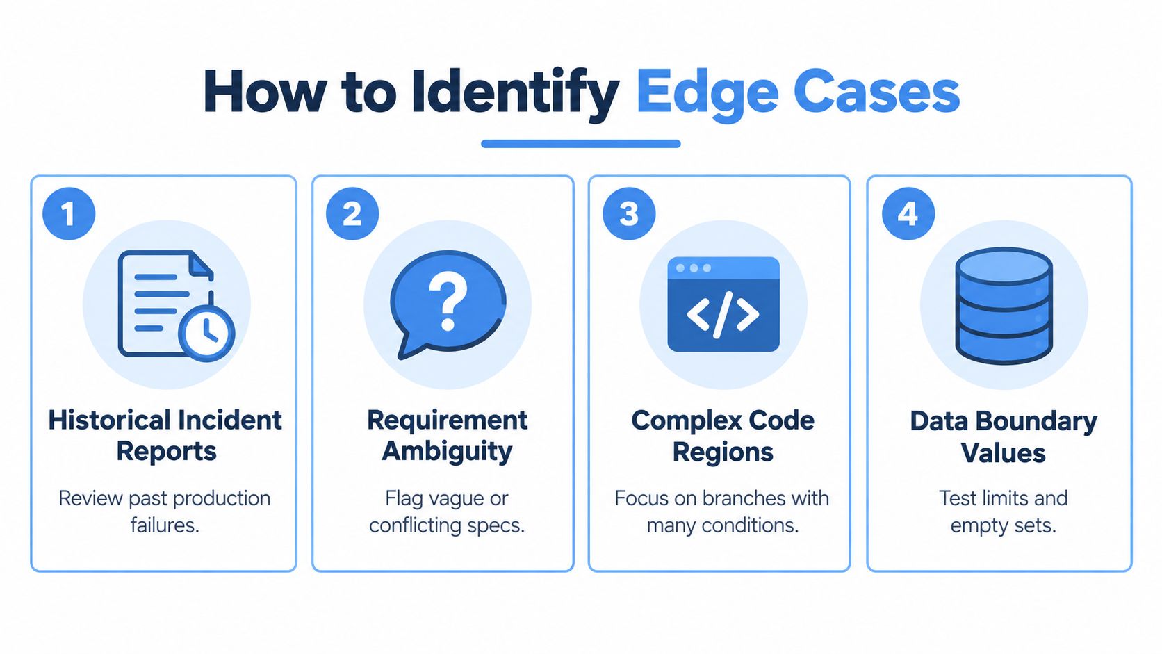 A diagram titled How to Identify Edge Cases showing four numbered steps for software testing analysis.