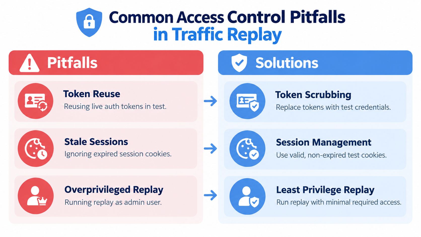 A chart showing common access control pitfalls in traffic replay alongside their corresponding security solutions.