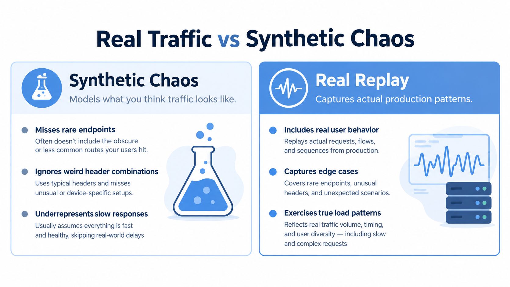 A comparison infographic between synthetic chaos and real replay methods for testing production traffic patterns.