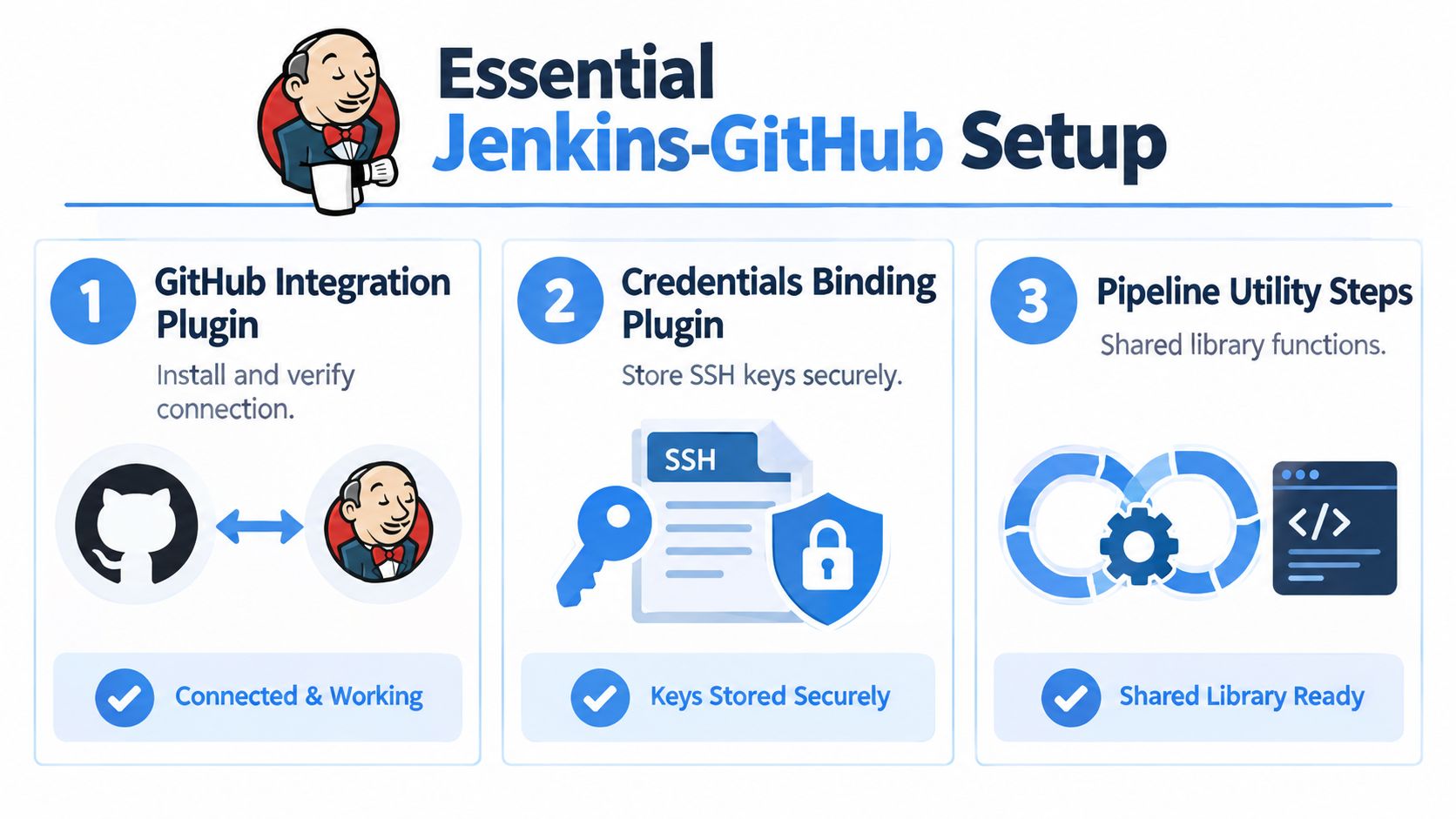 A simplified infographic showing the three essential steps for setting up a Jenkins GitHub integration pipeline.