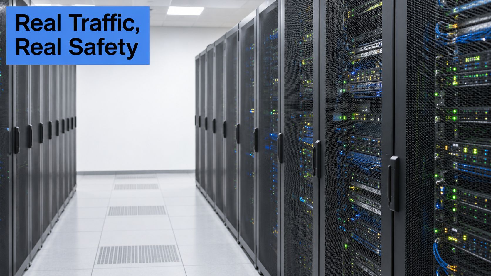 A modern data center server room with rows of racks containing high performance networking equipment.