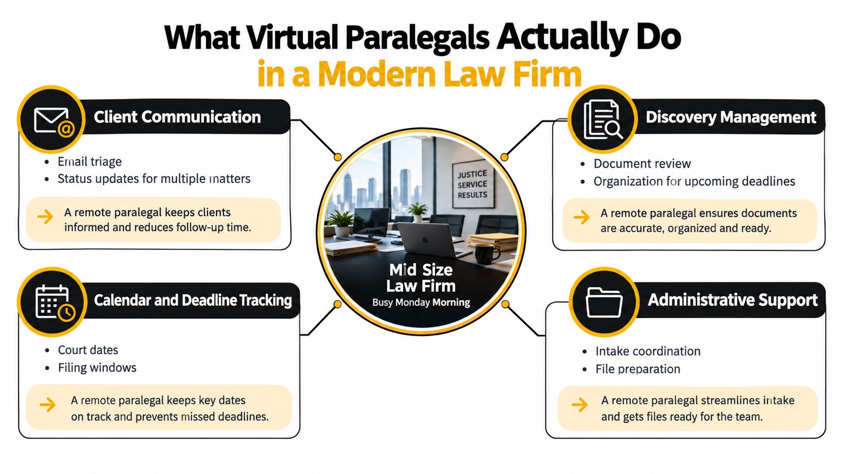 A diagram outlining the roles of virtual paralegals in a law firm including communication, discovery, and administration.