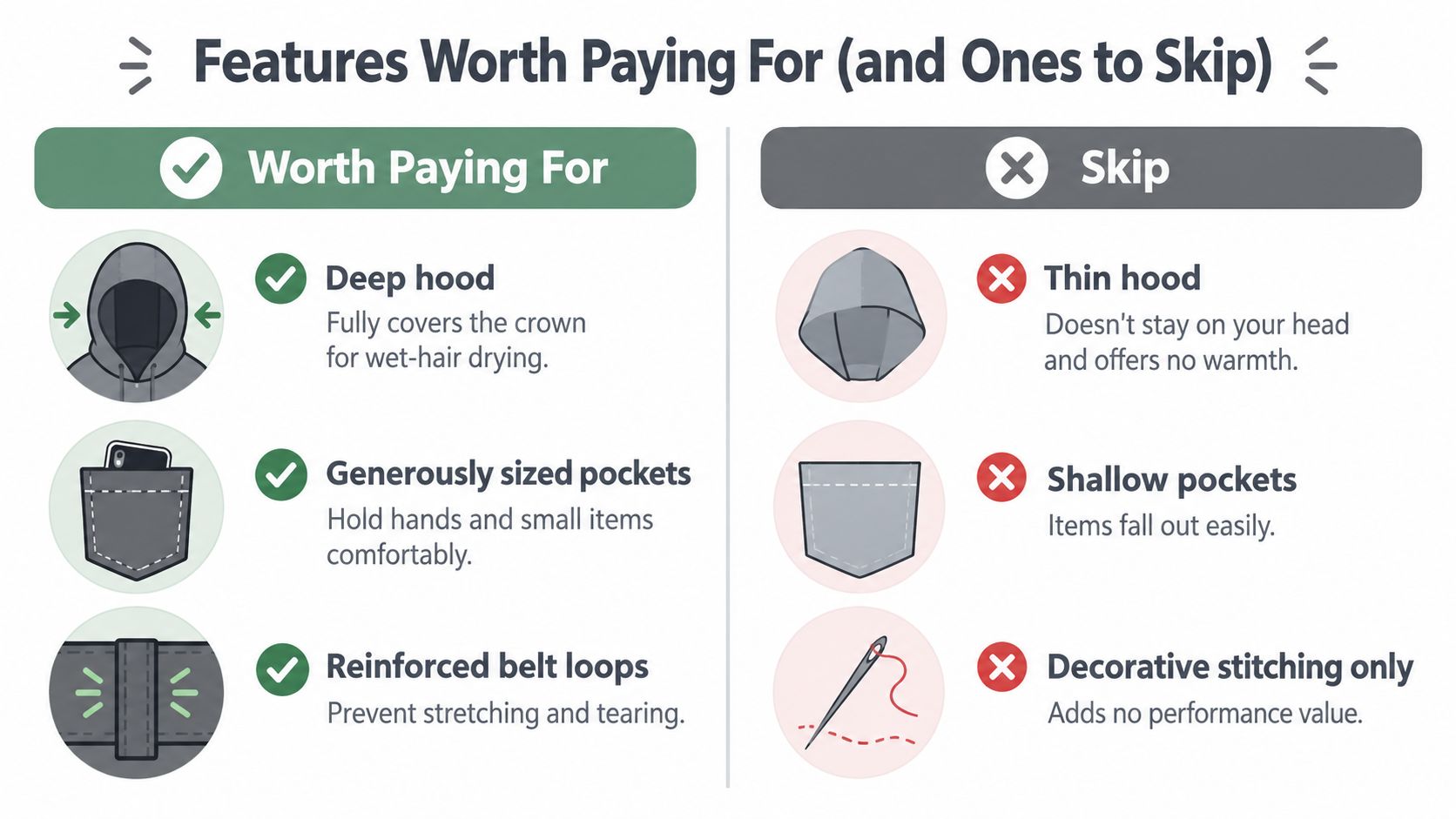 A comparison chart showing features worth paying for versus features to skip when choosing clothing garments.