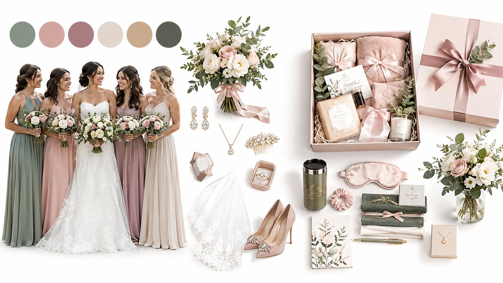 A luxurious wedding flat lay featuring a bride with her bridesmaids, floral bouquets, bridal accessories, and gift boxes.