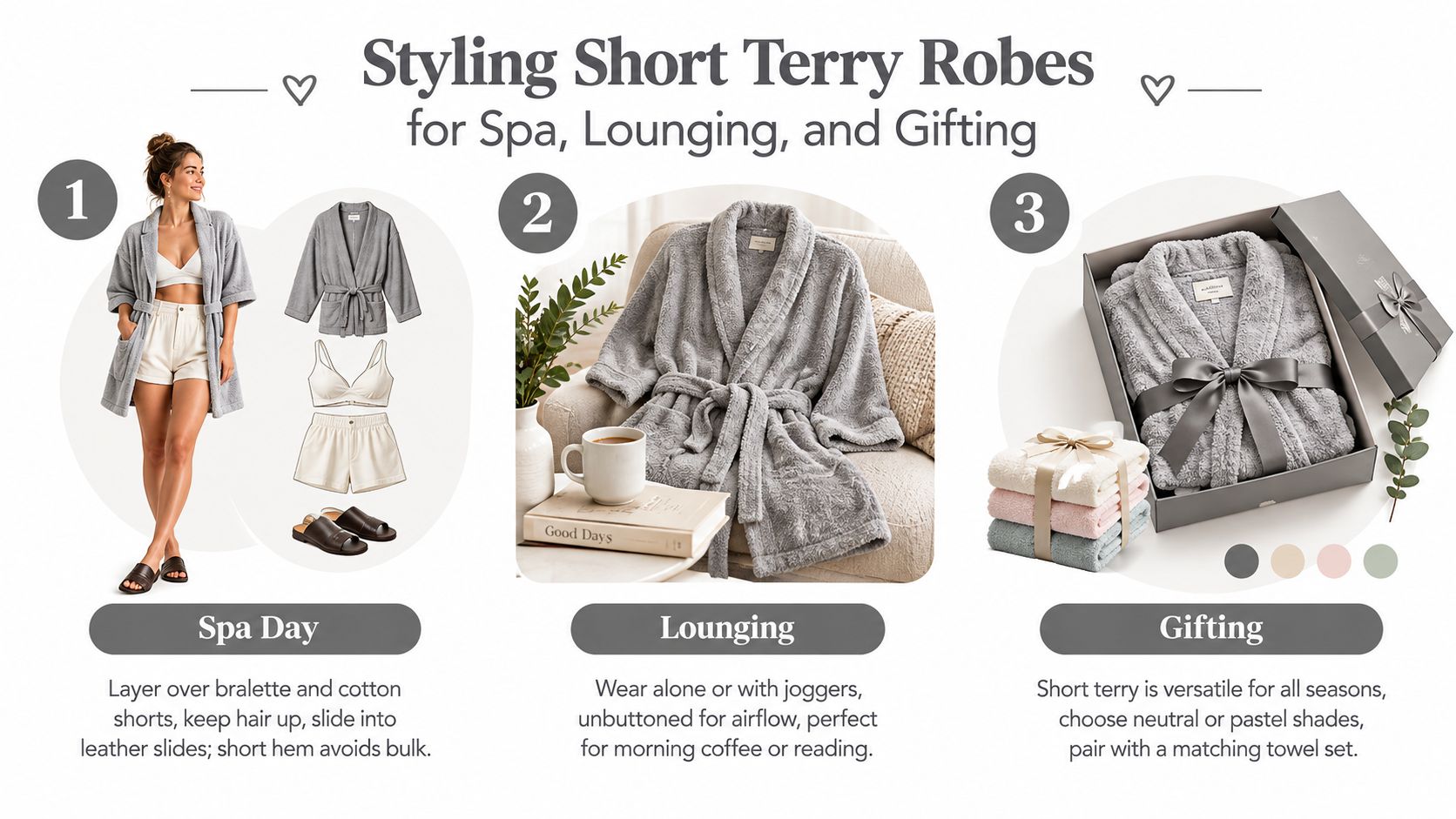 A styling guide showing three different ways to wear and gift short grey terry cloth robes.