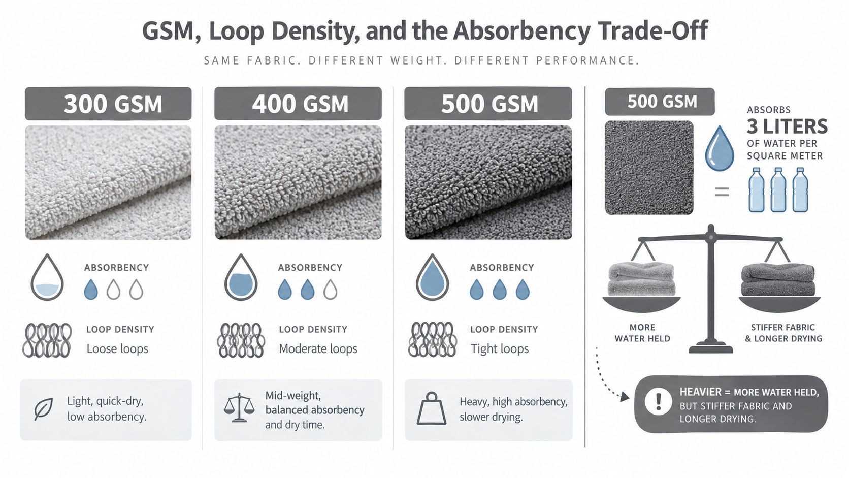 An infographic comparing different towel GSM weights, illustrating how fabric density affects absorbency and drying time.