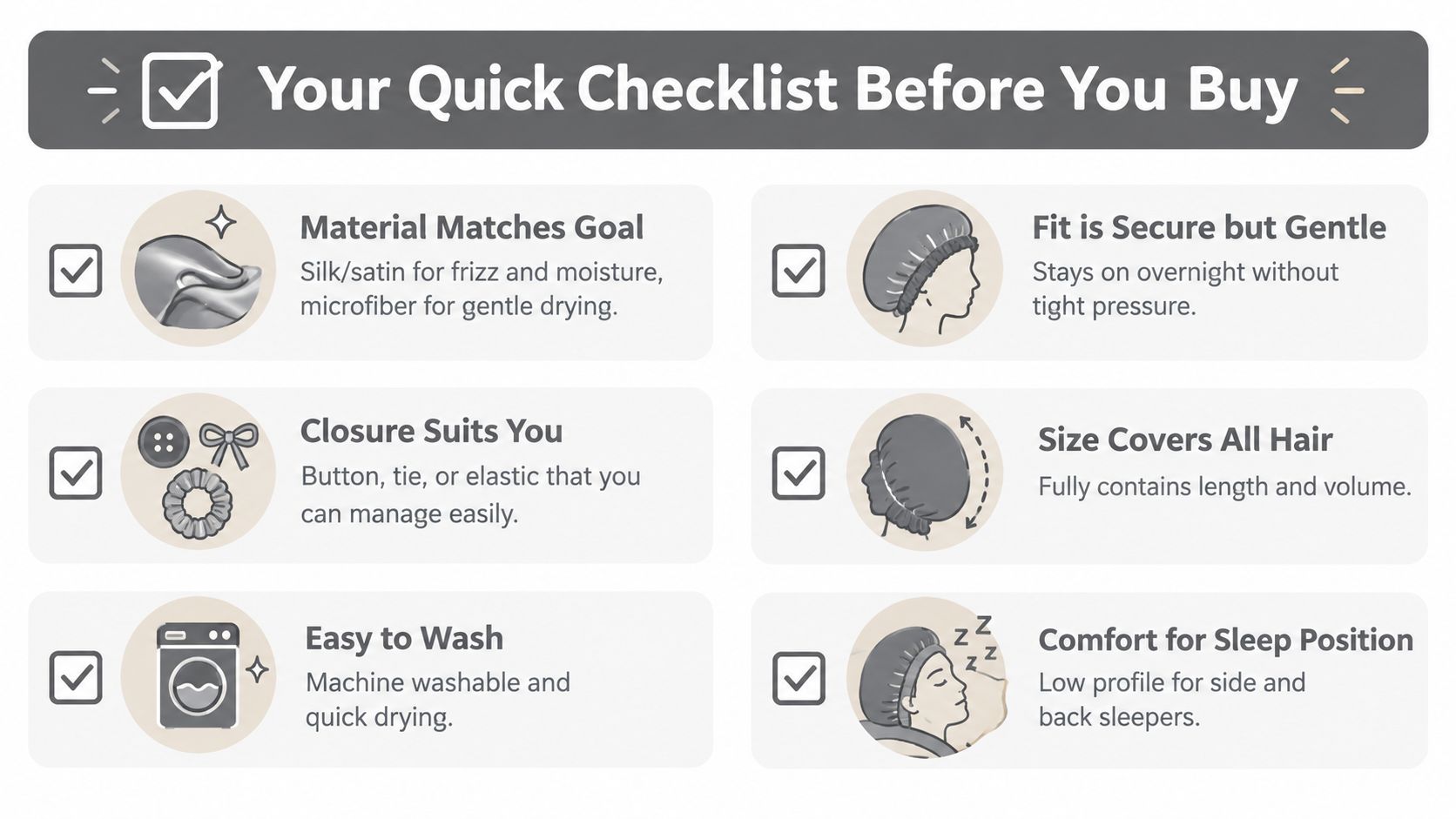 A helpful checklist graphic for choosing a hair turban for sleeping, featuring icons and essential buying tips.