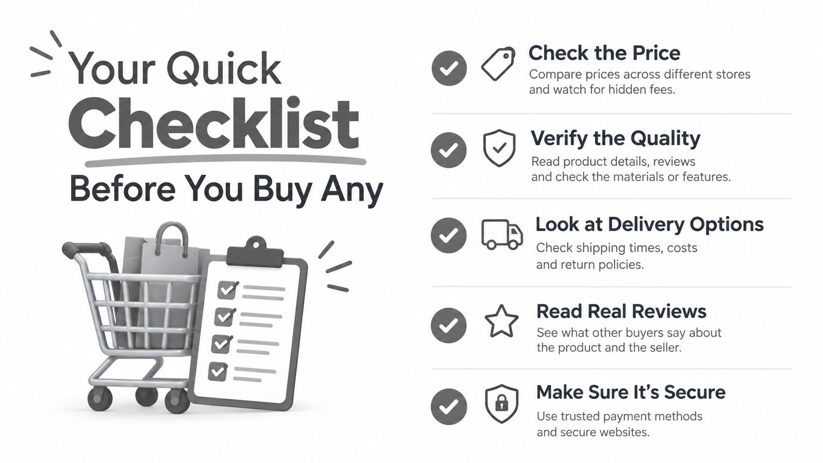 A helpful shopping checklist infographic with five essential steps to follow before purchasing products online.