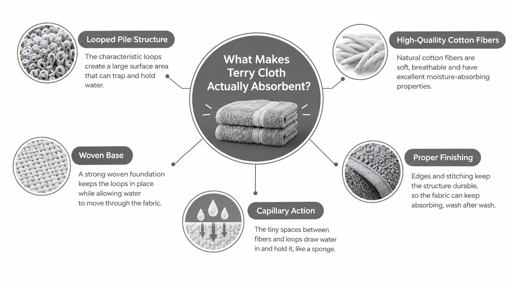An infographic titled What Makes Terry Cloth Actually Absorbent? explaining the key features of terry cloth fabric.