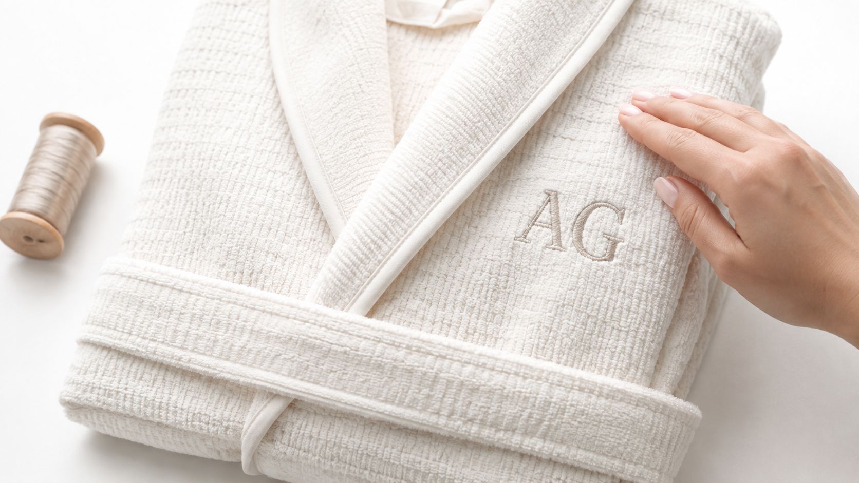 A close-up of a luxurious white textured bathrobe with elegant AG embroidery and a spool of thread.