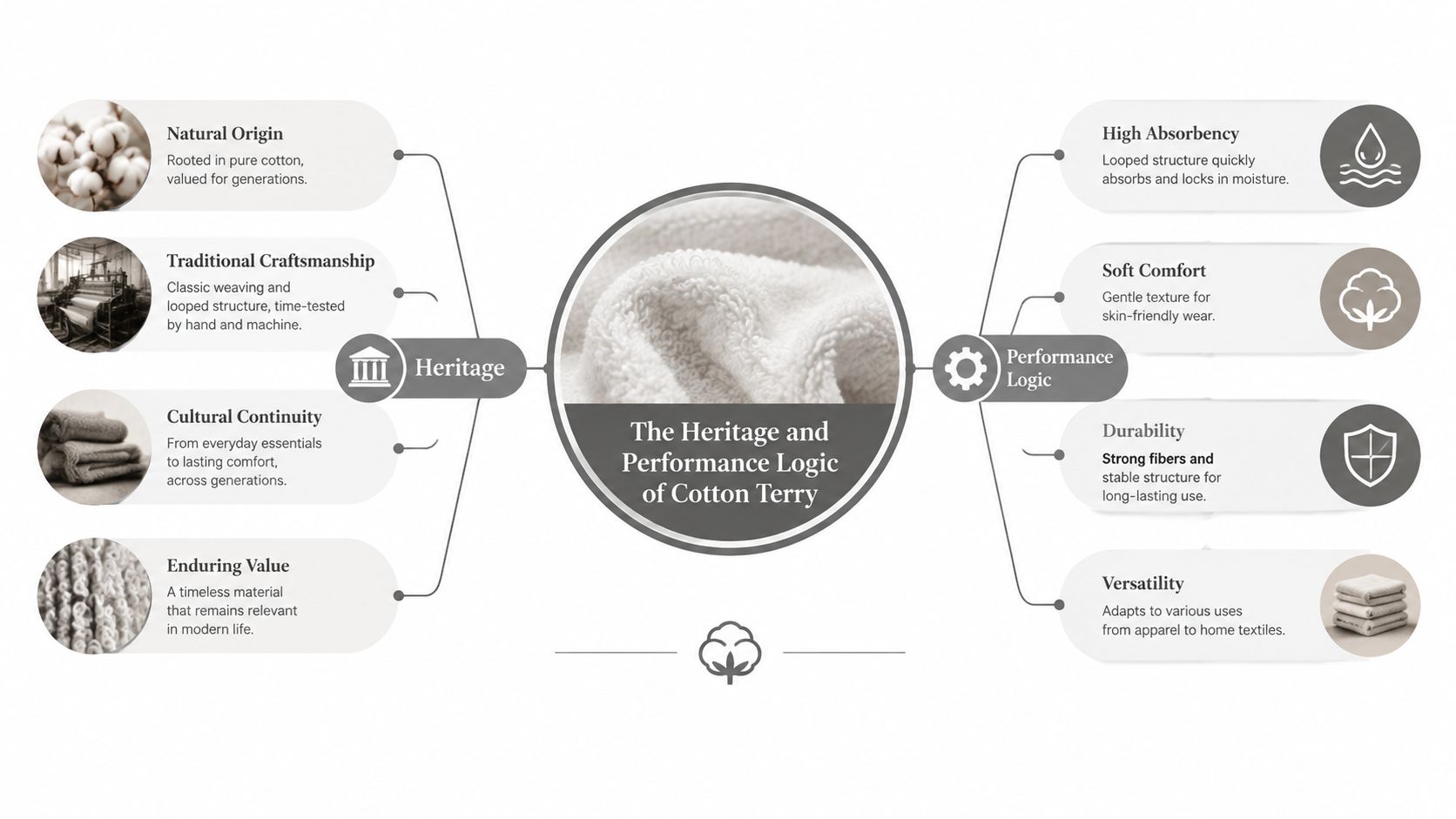 An infographic diagram explaining the heritage and performance logic of cotton terry fabric textiles.