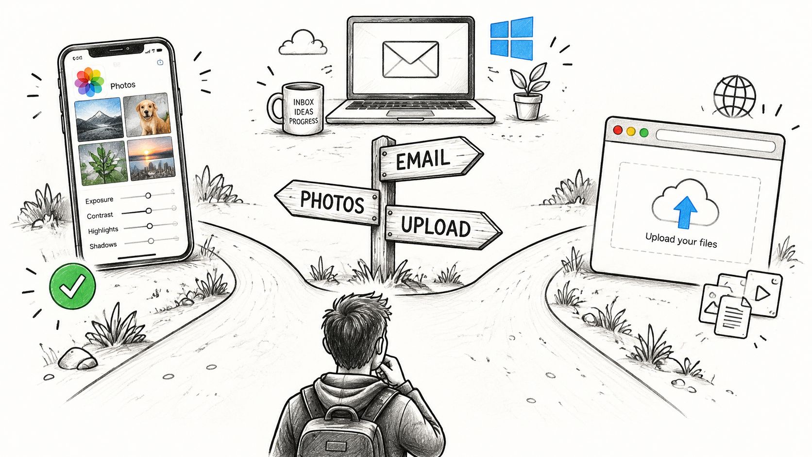 A person choosing between editing mobile photos or uploading various file formats for email distribution.