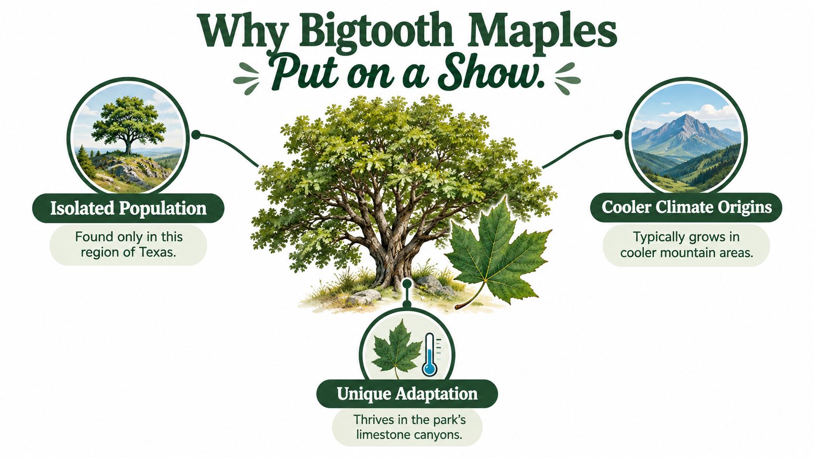 An educational infographic explaining the reasons behind the Bigtooth Maple’s unique characteristics and color changes in Texas.