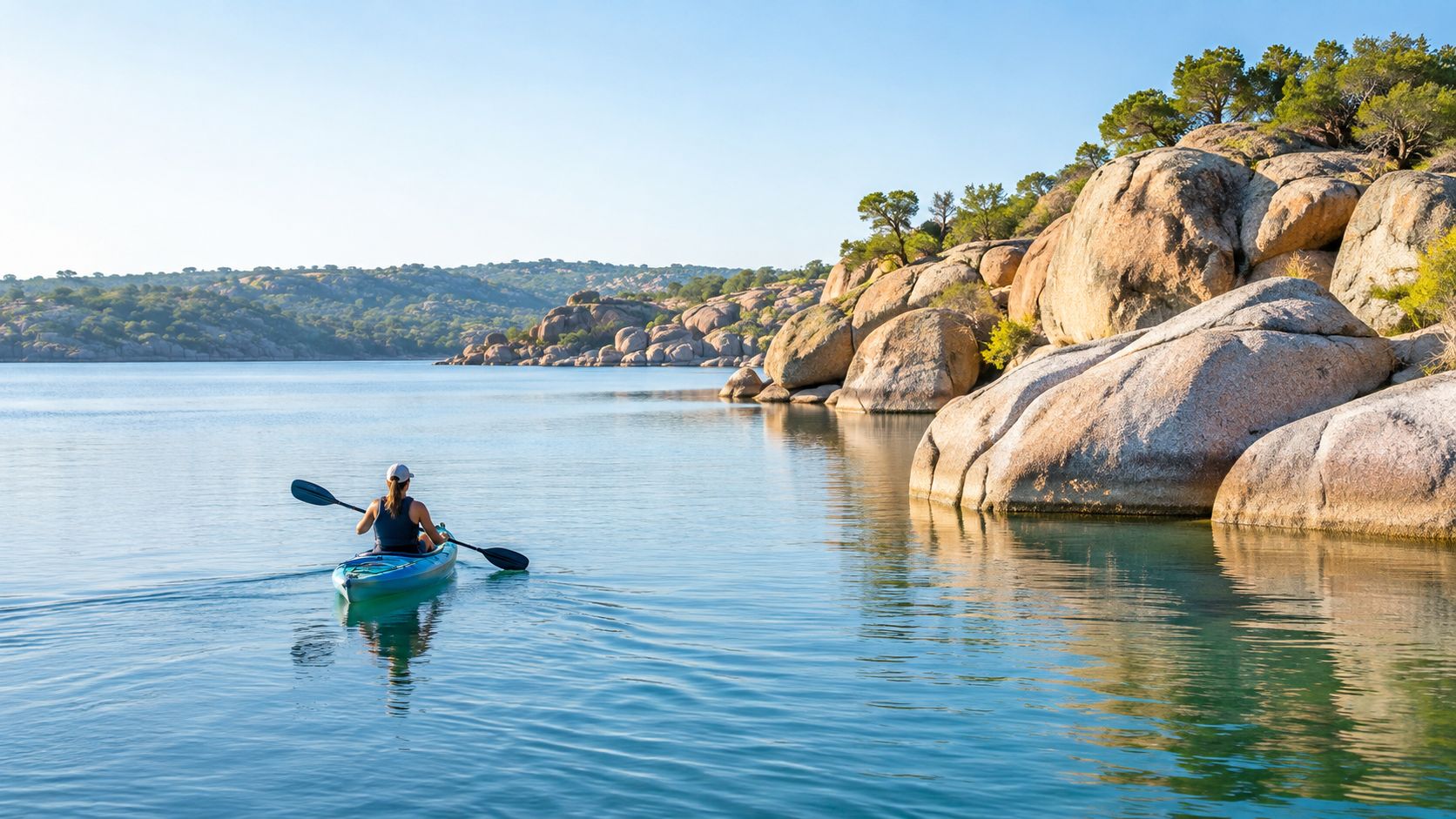 A woman kayaking on a serene lake surrounded by large granite boulders and trees under a clear sky.