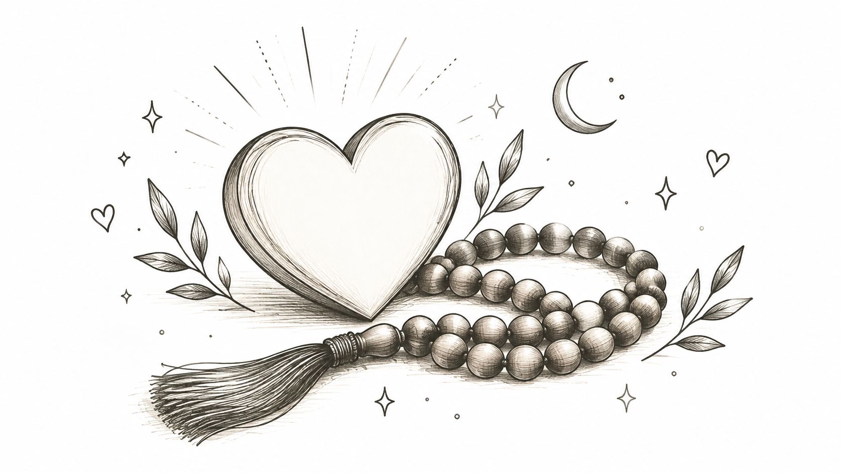 A pencil-style illustration featuring a heart shape, prayer beads with a tassel, and surrounding decorative leaves and stars.