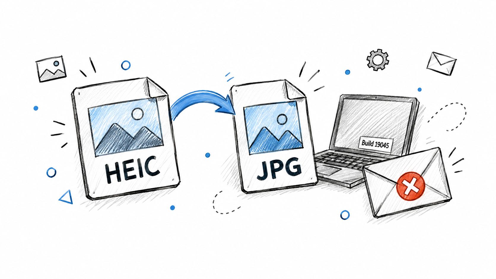 A hand-drawn illustration showing an HEIC file being converted into a JPG file on a laptop.