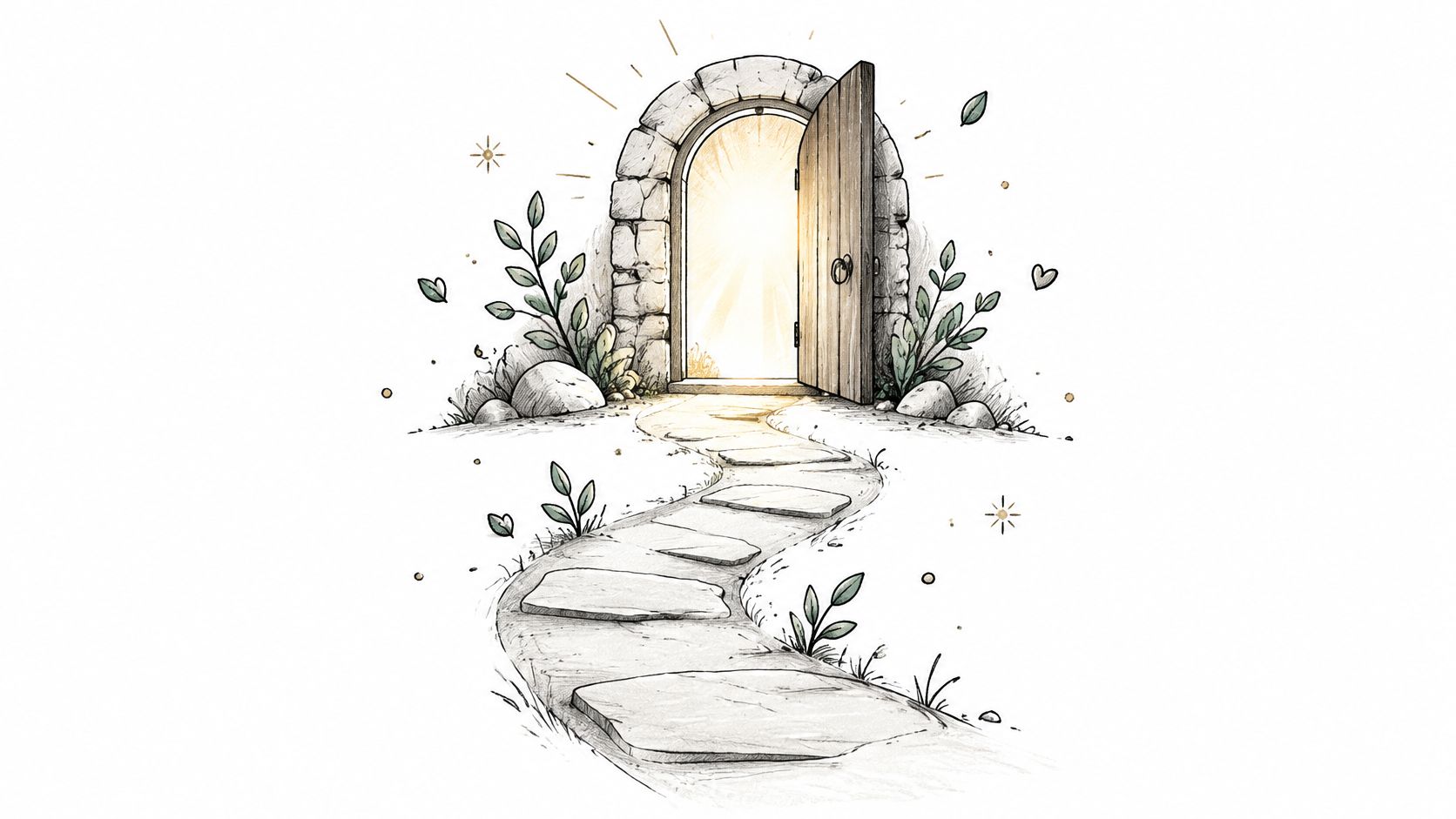 A whimsical illustration of a stone path leading to a glowing wooden door, symbolizing a spiritual journey.