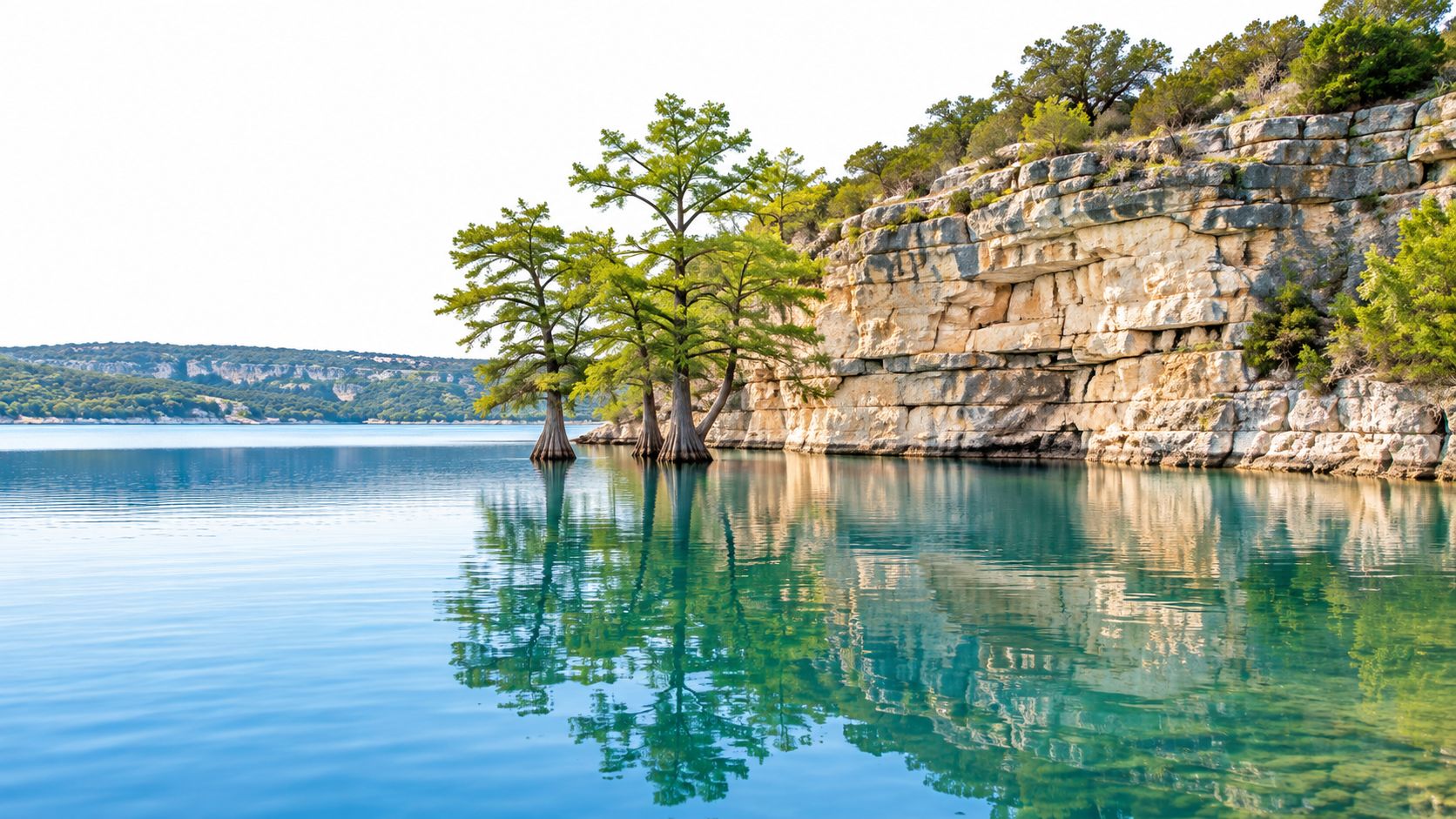 A serene turquoise lake featuring bald cypress trees growing directly from the water near a rocky cliff.
