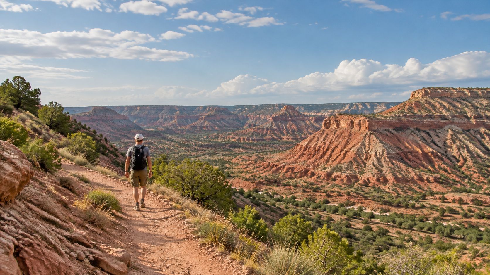 A hiker with a backpack walking along a scenic dirt trail overlooking a vast desert canyon landscape.