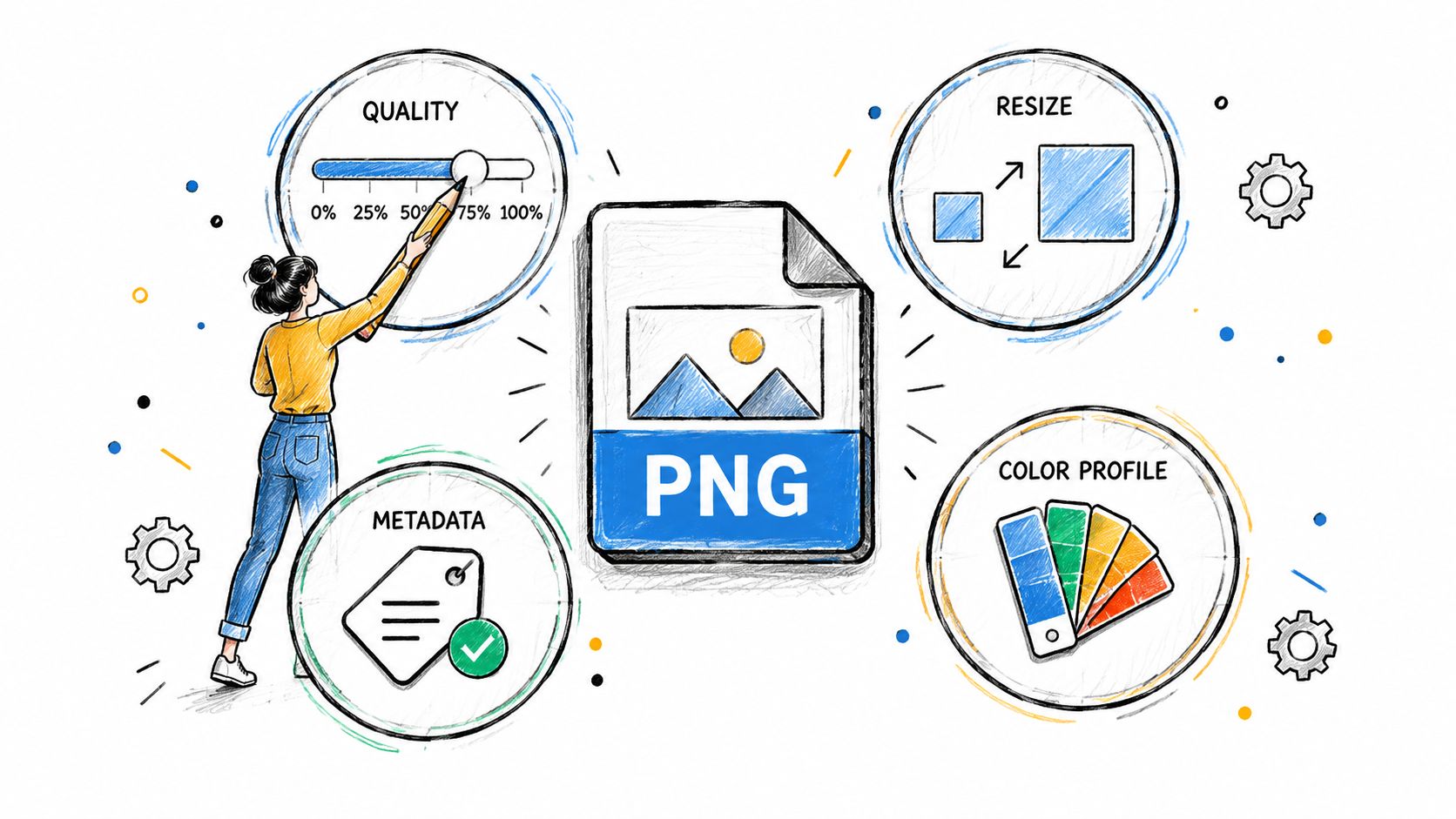 A creative illustration depicting a woman adjusting image settings like quality, metadata, and color profile for a PNG file.