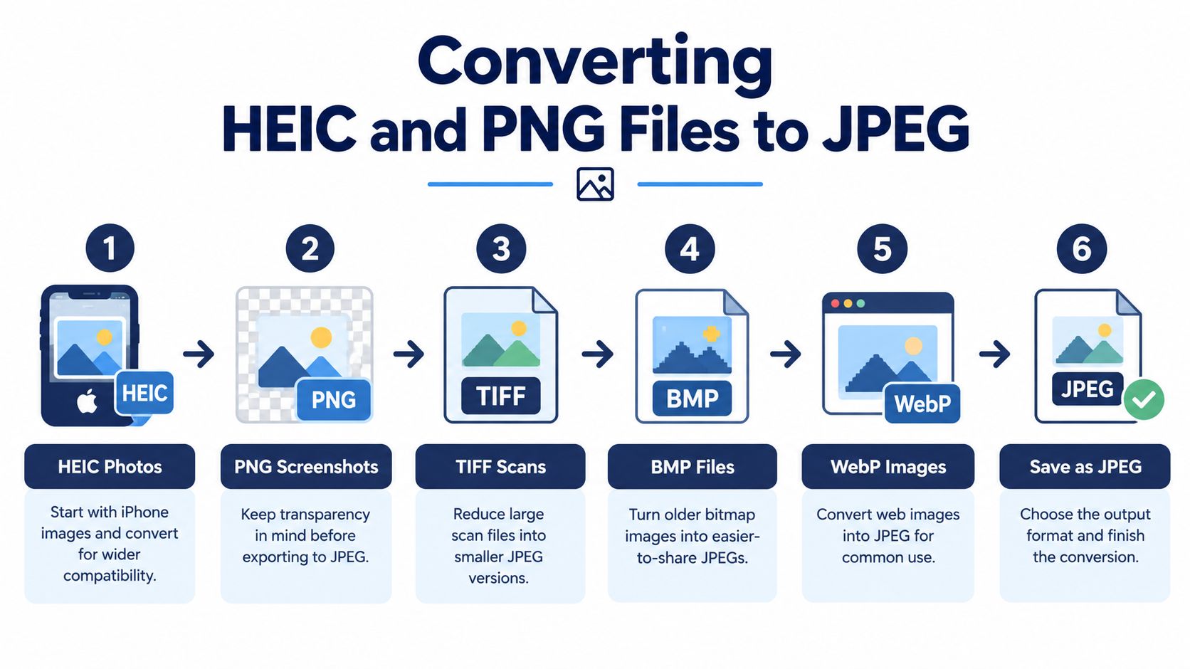 An infographic showing a six-step process for converting various image file formats including HEIC and PNG to JPEG.